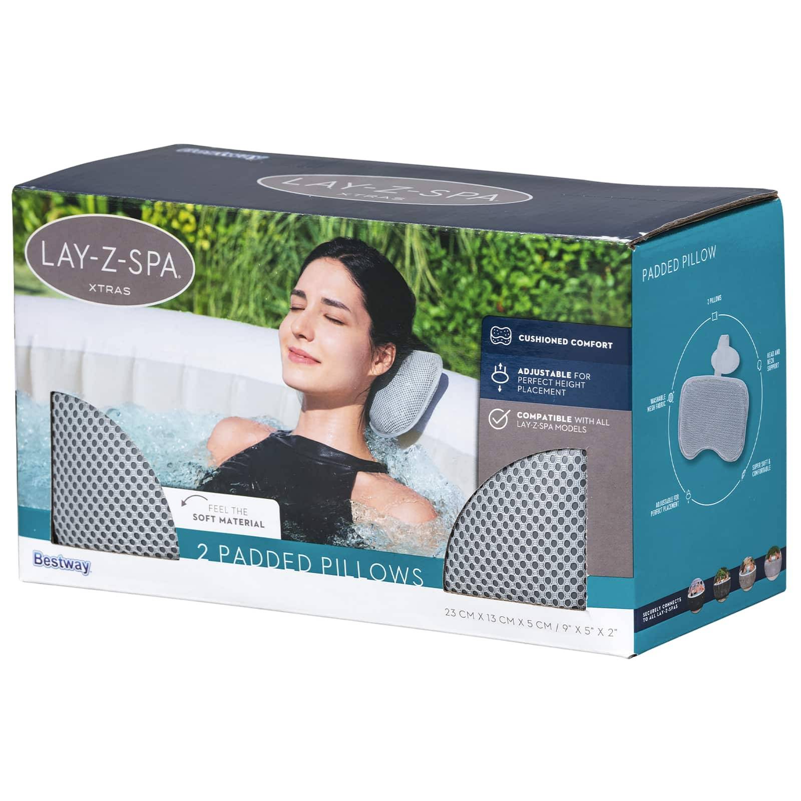 Packung mit Bestway Lay-Z-Spa Xtras gepolsterten Kissen zur Kopfstütze im Whirlpool, auf der Verpackung eine Frau zu sehen, die in einem Spa rekelt, sowie Produktmerkmale auf der Verpackung.