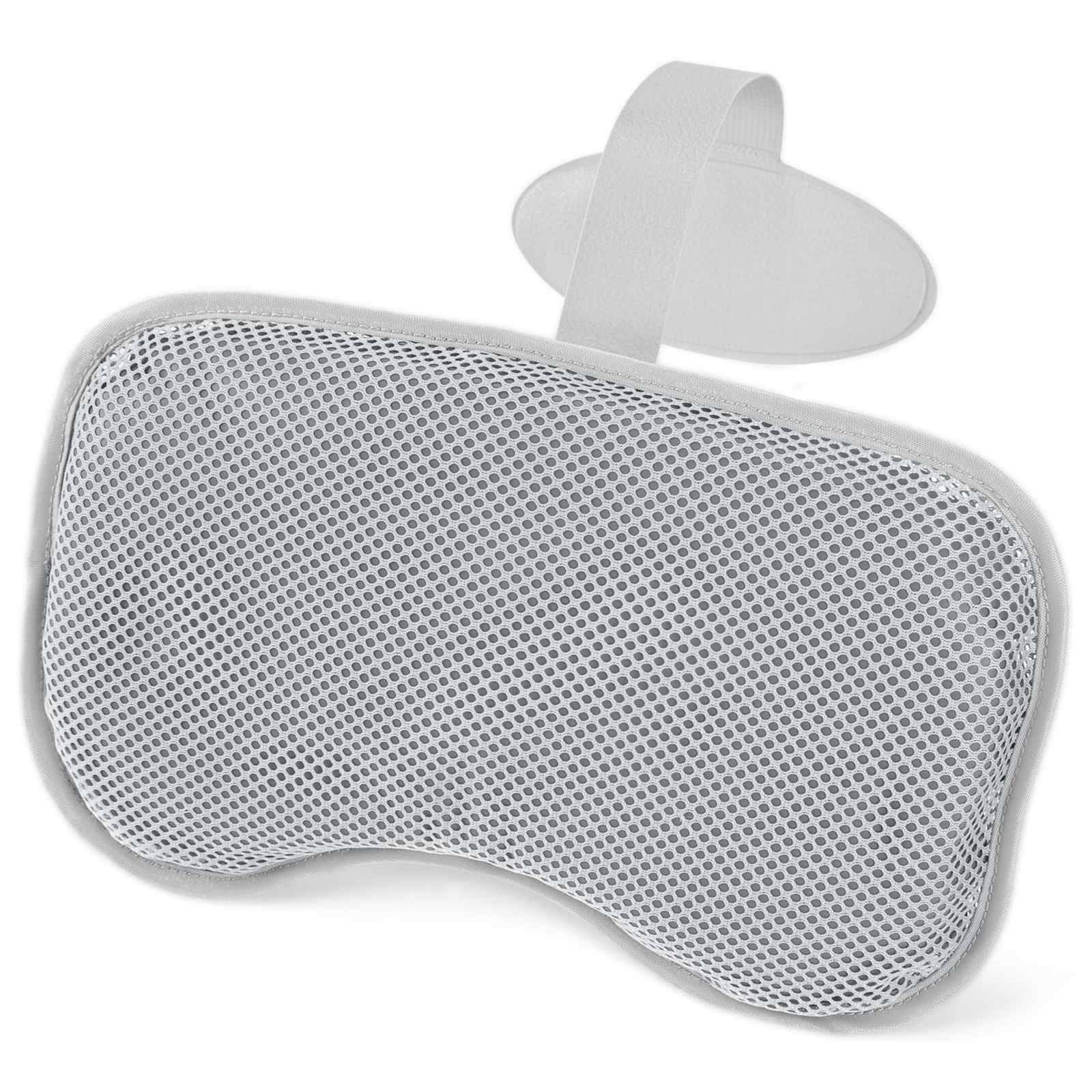 Weißes Netz-Memory-Foam-Nackenkissen mit verstellbarem Riemen, auf einfachem Hintergrund gezeigt.