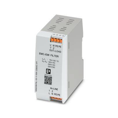 „Inline-EMC/EMI-Filter, Nennspannung: 230V AC, 120V AC, Ausgang: L', N', PE'; Eingang: L', N', PE'; Modellnummer sichtbar.