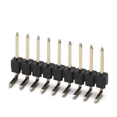 Achtpolige schwarz-goldene Stecker mit rechtwinkligen Pins, verwendet zum Verbinden von elektrischen Komponenten auf Leiterplatten.