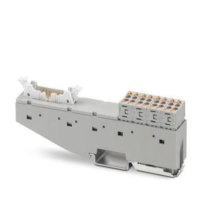 Eine graue elektronische Komponente mit mehreren Anschlüssen, wahrscheinlich für elektrische Verbindungen, auf einer abnehmbaren Basis montiert.