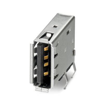 Ein Silber- und Schwarz-USB-Stecker aus einer Nahaufnahme, die sein Metallgehäuse und vier goldfarbene Kontakte zeigt.