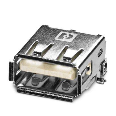 Ein Metall-USB-Anschluss-Stecker, von vorne in einem Winkel gezeigt, der seine rechteckige Form und die Kontaktstifte im Gehäuse hervorhebt.