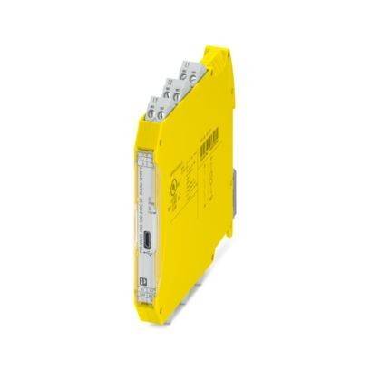 Ein gelbes elektronisches Sicherheitsgeräte-Modul mit beschrifteten Anschlüssen, das für industrielle Anwendungen verwendet wird und in einem schlanken rechteckigen Gehäuse untergebracht ist.