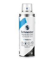Weiße Schneider Paint-It 030 Spraydose mit blauem und schwarzem Etikett, aufrecht auf neutralem Hintergrund gezeigt.
