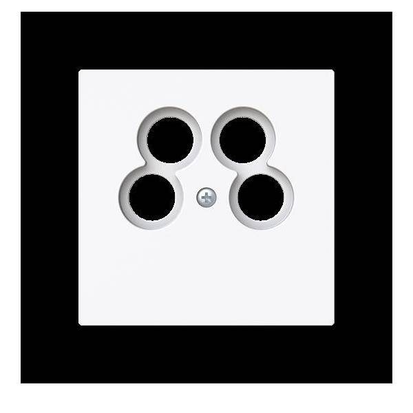 Eine weiße Steckdose mit vier runden Steckern auf einem schwarzen quadratischen Rahmen.