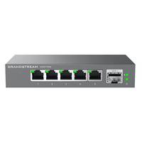 Grauer Grandstream-Netzwerk-Switch mit fünf Ethernet-Anschlüssen und zwei grünen Statusleuchten auf der Frontplatte.