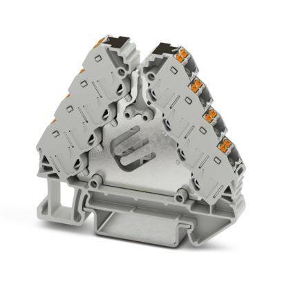 Ein grauer Elektro-Klemmenblock mit mehreren Anschllusspunkten, der zum sicheren Verbinden von Drähten in einem Stromkreis verwendet wird.