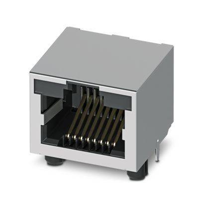 Ein rechteckiger RJ45-Ethernet-Stecker mit acht Metallstiften im Inneren, der für Netzwerkkabel verwendet wird, ist vor einem einfachen Hintergrund dargestellt.