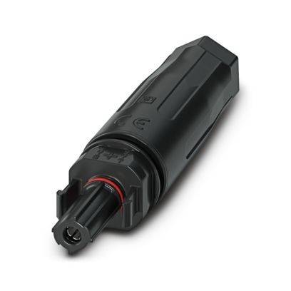 Ein schwarzer Photovoltaik-Stecker mit zylindrischer Form und auf seinem Gehäuse eingeprägten Sicherheitszertifizierungen wird vor einem weißen Hintergrund gezeigt.