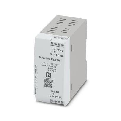 Ein EMV/EMI-Filtergerät in einem grauen Gehäuse mit Anschllussklemmen mit der Bezeichnung „L