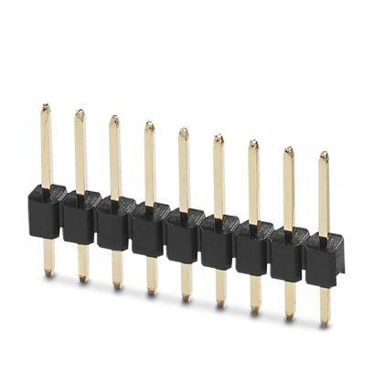 Ein 10-poliger gerader männlicher Header-Stecker mit vergoldeten Pins und schwarzem Kunststoffgehäuse, der typischerweise für die Elektronik-Prototypenerstellung verwendet wird.
