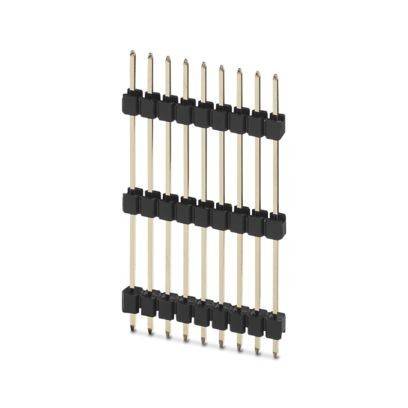 Ein 10-poliger Stecker mit schwarzen Trennern und vergoldeten Kontakten, verwendet für elektrische Verbindungen auf Leiterplatten.