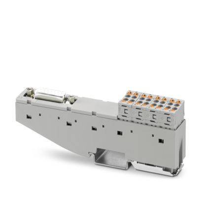 Eine graue elektronische Komponente mit mehreren Anschlussanschlüssen und einer rechteckigen Basis, die für elektrische Installationen oder Verkabelungssysteme verwendet wird.