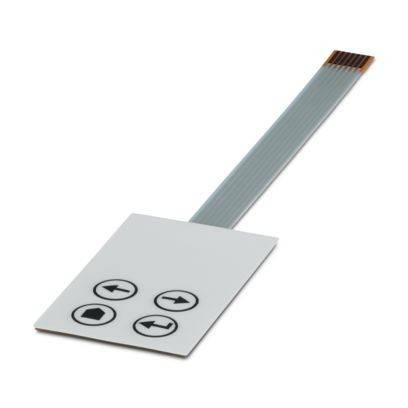 Ein flexibles Membran-Tastenfeld mit vier Pfeiltasten und einem angebrachten verlängerten Flachbandkabel, typischerweise zur Steuerung von elektronischen Geräten verwendet.