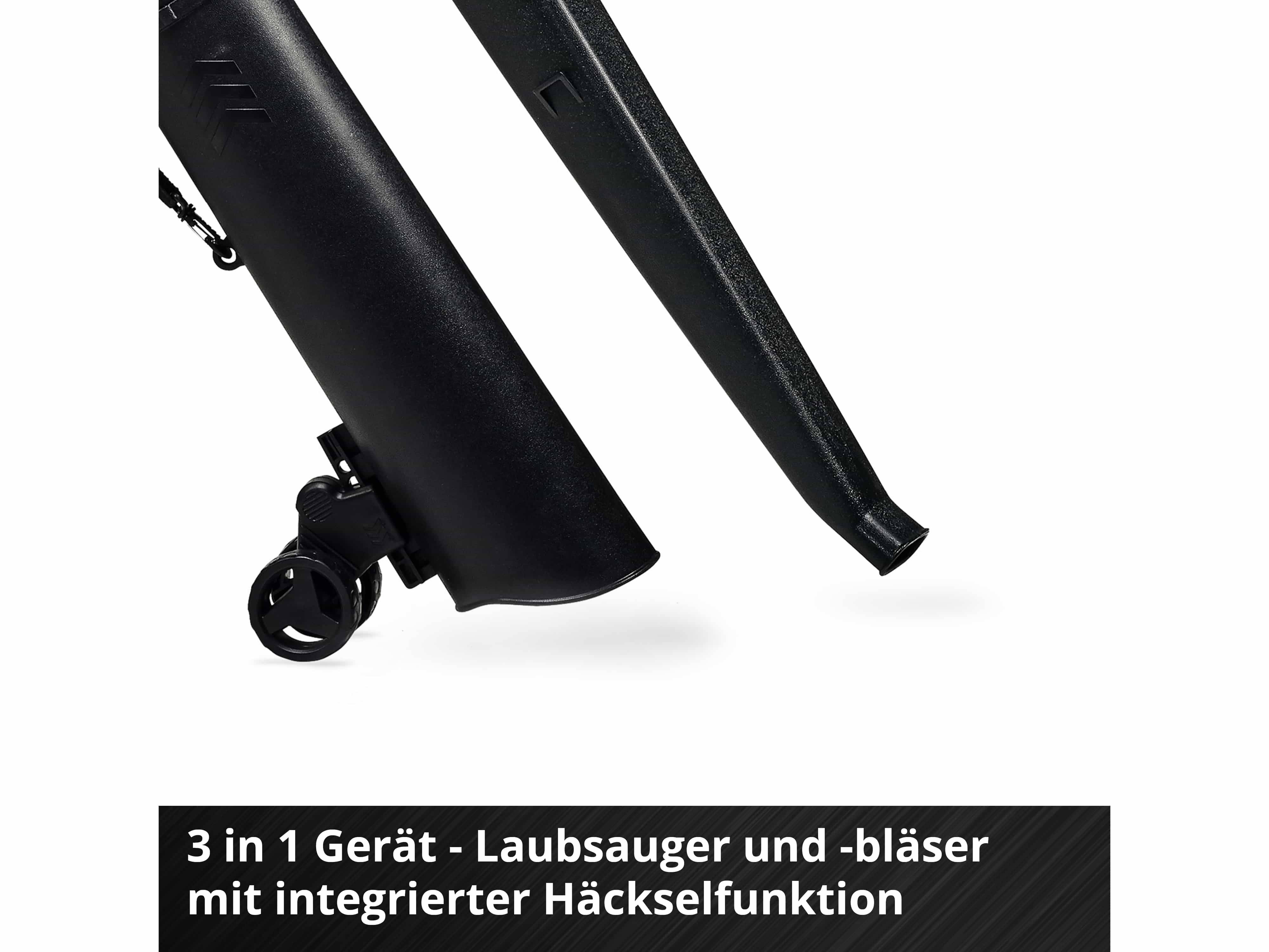 Ein schwarzes Gartenwerkzeug mit Rädern, das einen Laubpuster, einen Laubsauger und einen Häcksler kombiniert. Der deutsche Text lautet: „3-in-1-Gerät – Laubsauger – Bläser mit integrierter Häcksselfunktion