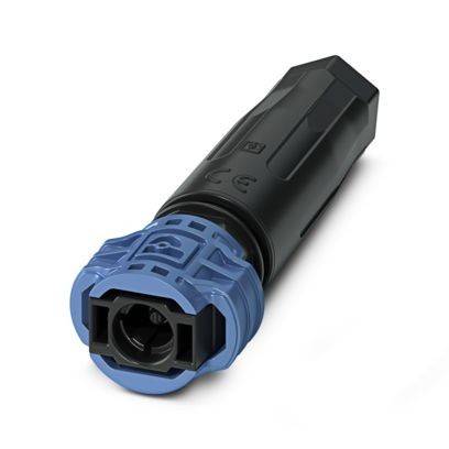 Ein blau-schwarzer elektrischer Verbinder mit sechseckigem Ende, der für sichere Kabelverbindungen konzipiert ist.