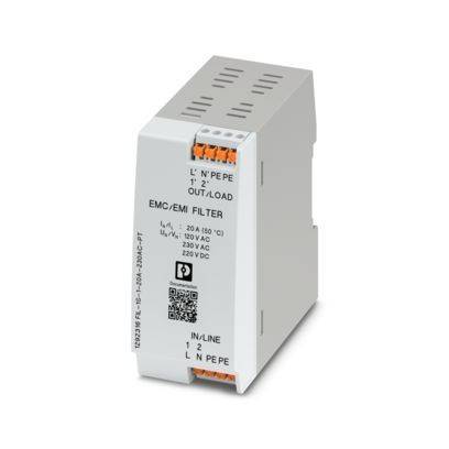 Ein rechteckiger weißer EMC/EMI-Filter mit Markierungen, die Eingang/Ausgang, Spannungsnennwerte (250 VAC, 250 VDC) und Anschllussklemmen anzeigen.