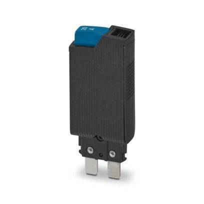 Ein schwarzes und blaues elektrisches Bauteil mit zwei Metallstiften, wahrscheinlich ein Schutzschalter oder eine Sicherung, vorgesehen zur Steuerung des Stromflusses.