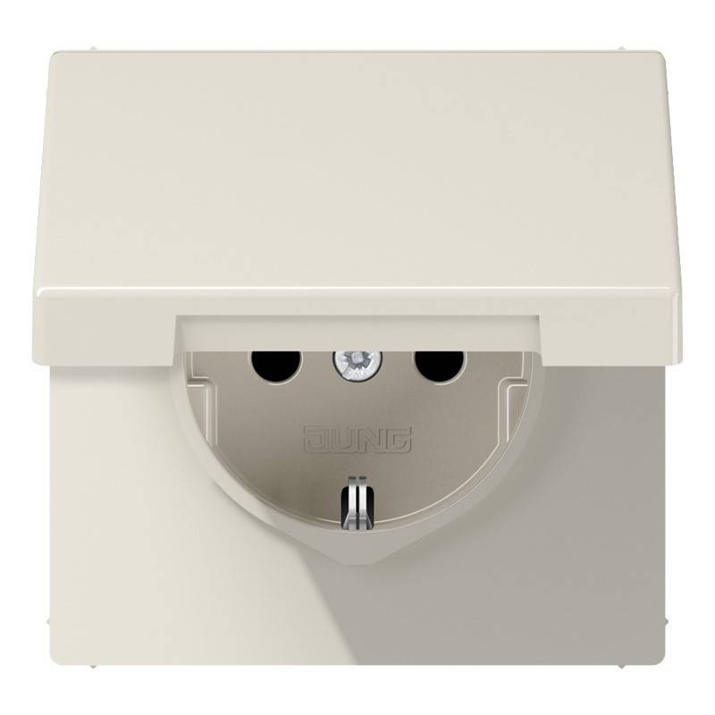 Beige-farbige Wandsteckdose mit aufklappbarem Sicherheitsschutz.
