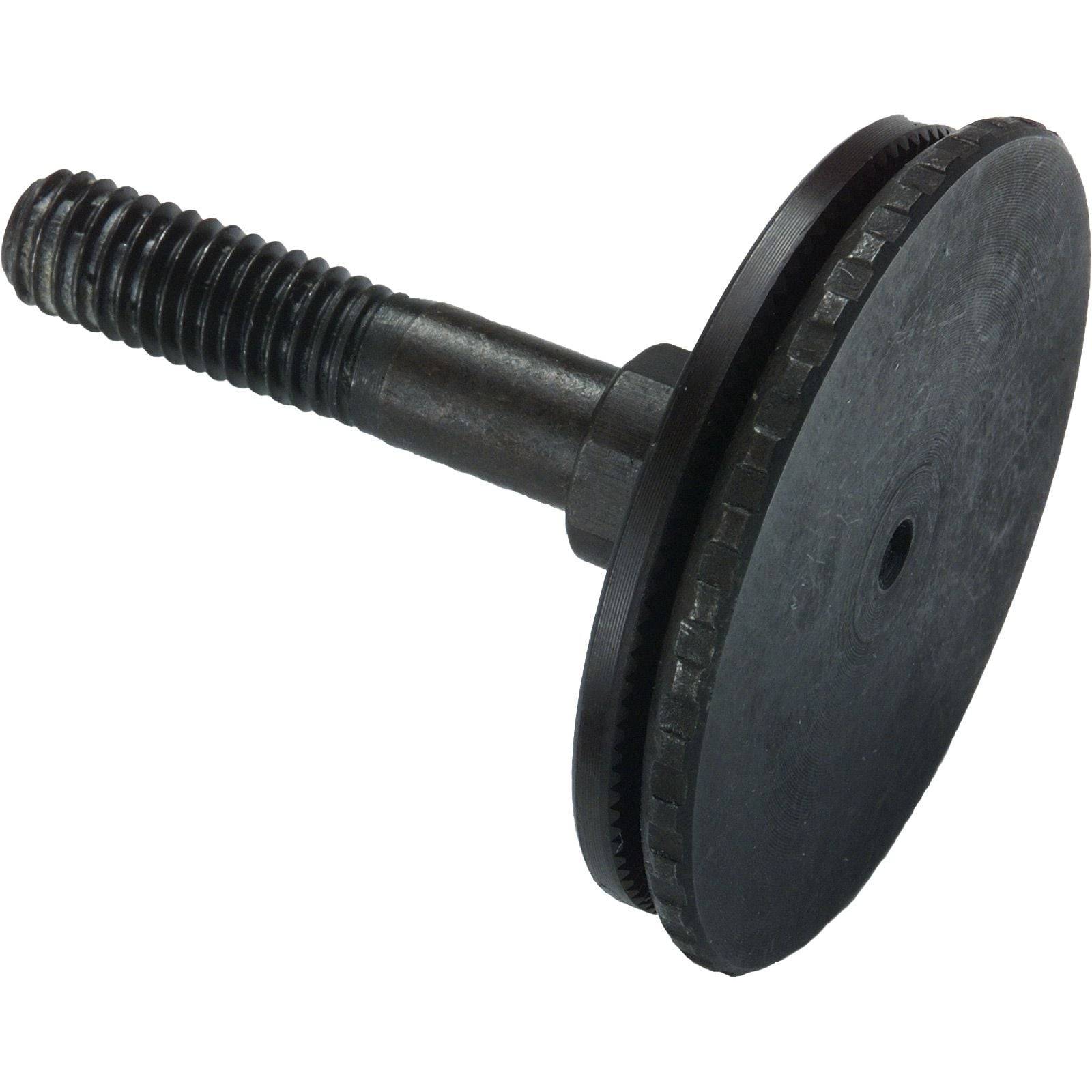 Ein schwarzes kreisförmiges Metallobjekt mit Gewinde, das einem Bolzen mit einem großen flachen Kopf ähnelt und in Maschinen oder im Baugewerbe verwendet wird.