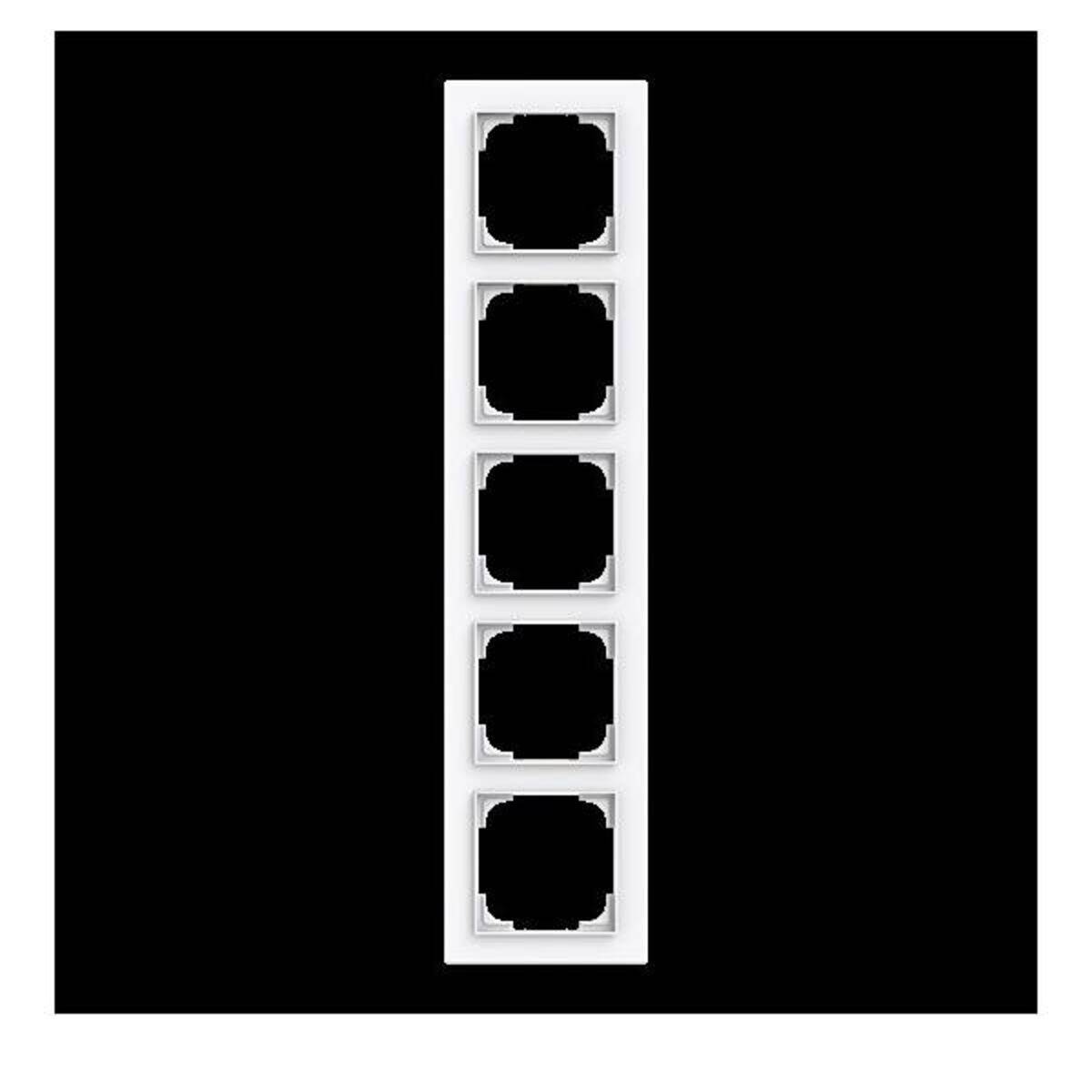 Ein weißer vertikaler Rahmen mit fünf quadratischen Öffnungen vor einem schwarzen Hintergrund.