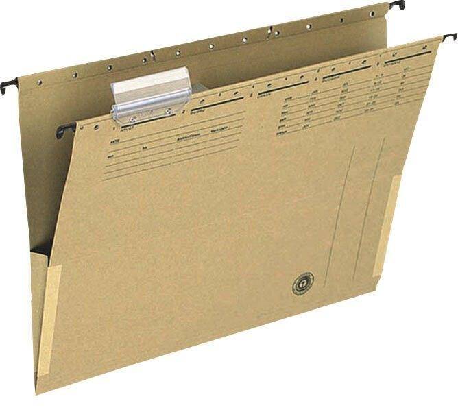 Ein beiges Aktenordner mit Metallklammern hält Papiere und hat Etiketten oben zum Organisieren. Er wird typischerweise zur Büroablage verwendet.