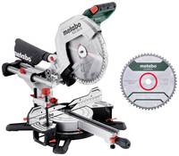 Metabo KGS 216 M' Kapp-Zugsäge mit einer Ersatz-Kreissägeblatt. Die Säge hat ein kompaktes Design mit Messmarken und einer Laserführung.