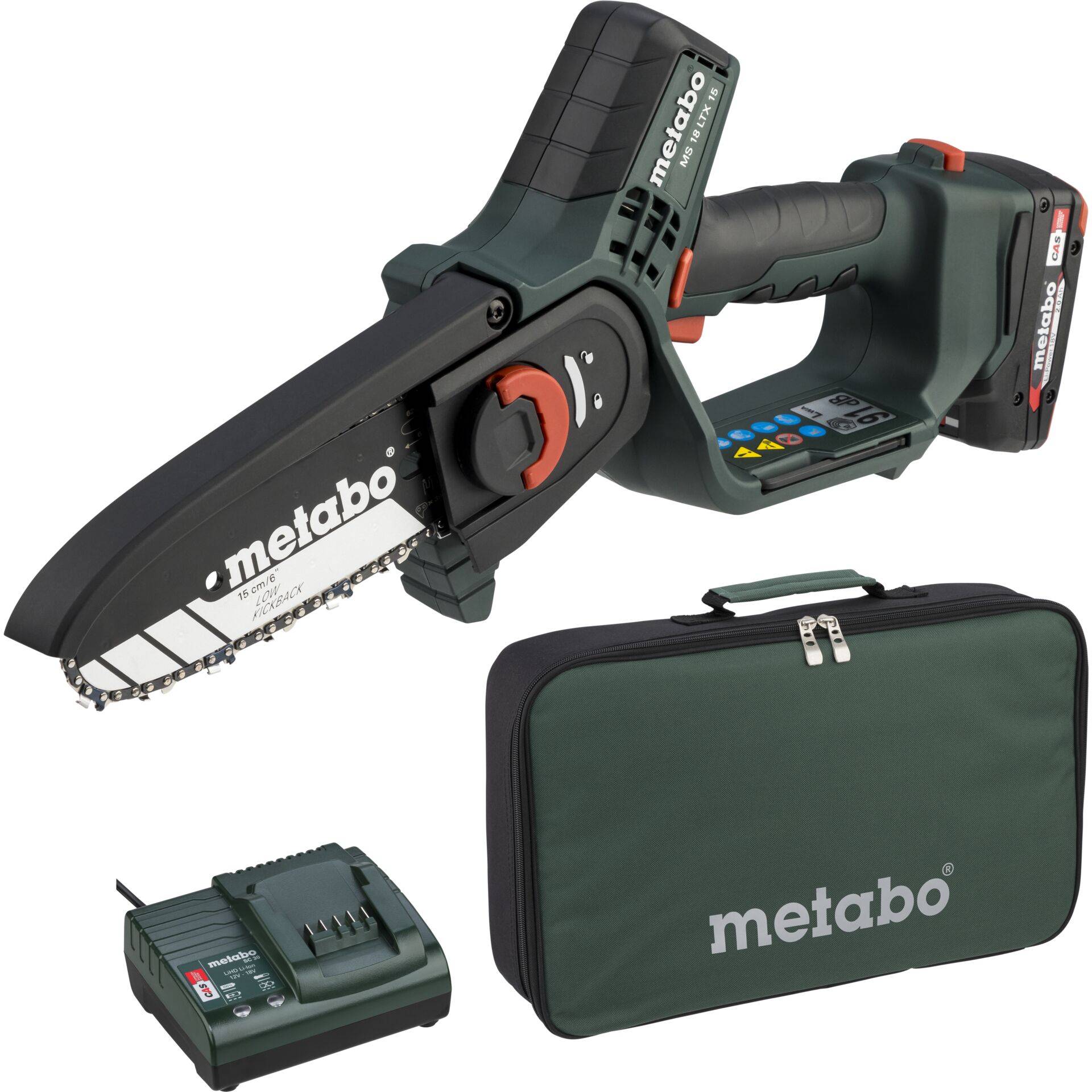 Metabo Akku-Minkettensäge mit Akku, Ladegerät und Transportkoffer auf weißem Hintergrund.