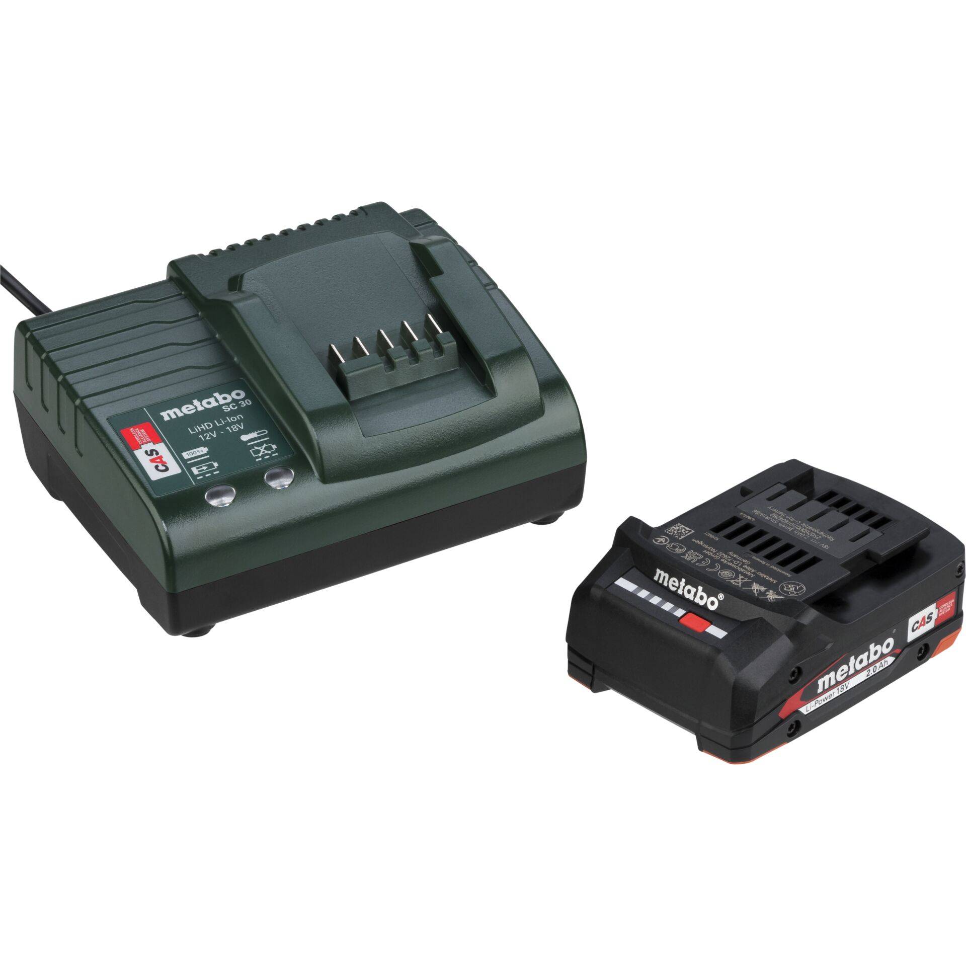 Ein grünes Metabo-Ladegerät mit einer Ladebasis sitzt neben einem schwarzen Metabo-Akku auf weißem Hintergrund.