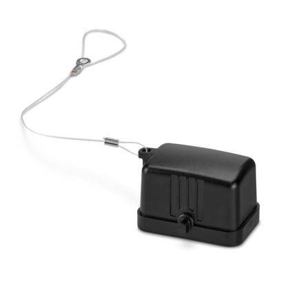 Ein schwarzer, rechteckiger Schwimmerschalter mit Kabel und Befestigungsöse, verwendet zur Flüssigkeitsstandserkennung in Behältern oder Wassersystemen.