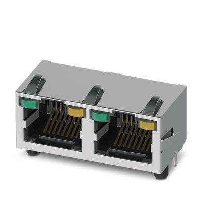 Zwei RJ45-Stecker nebeneinander, einer mit einer grünen Lasche und der andere mit einer gelben Lasche, verwendet für Ethernet-Netzwerk.