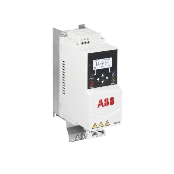 ABB-Wechselrichter der Marke ACS50, montiert auf einem Metallrahmen. Display zeigt '1499,50'. Vorgesehen für Anwendungen zur Motordrehzahlregelung.