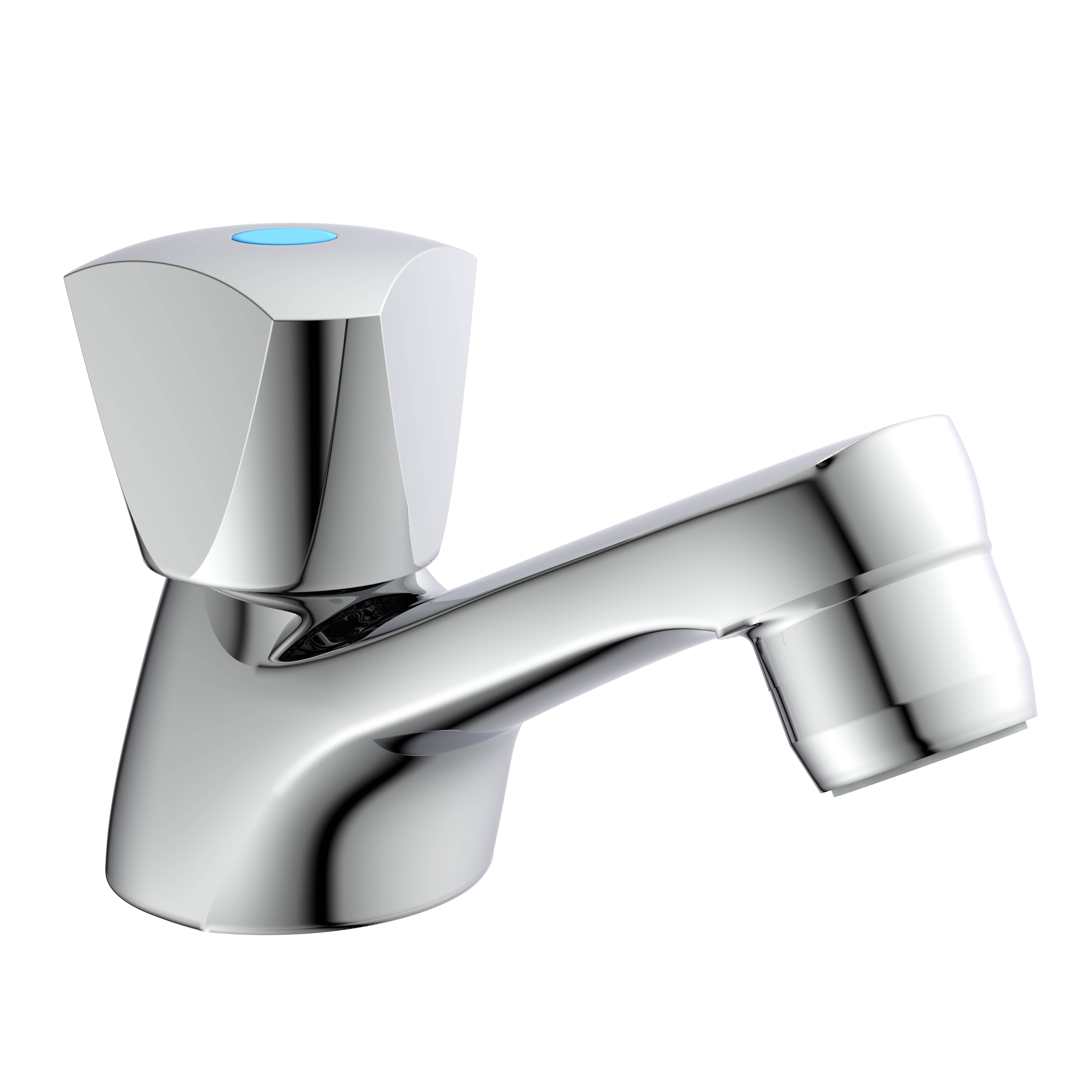 Ein metallischer silberner Wasserhahn mit einem blauen Indikator am Griff, dargestellt vor schwarzem Hintergrund. Der Wasserhahn hat ein modernes Design.