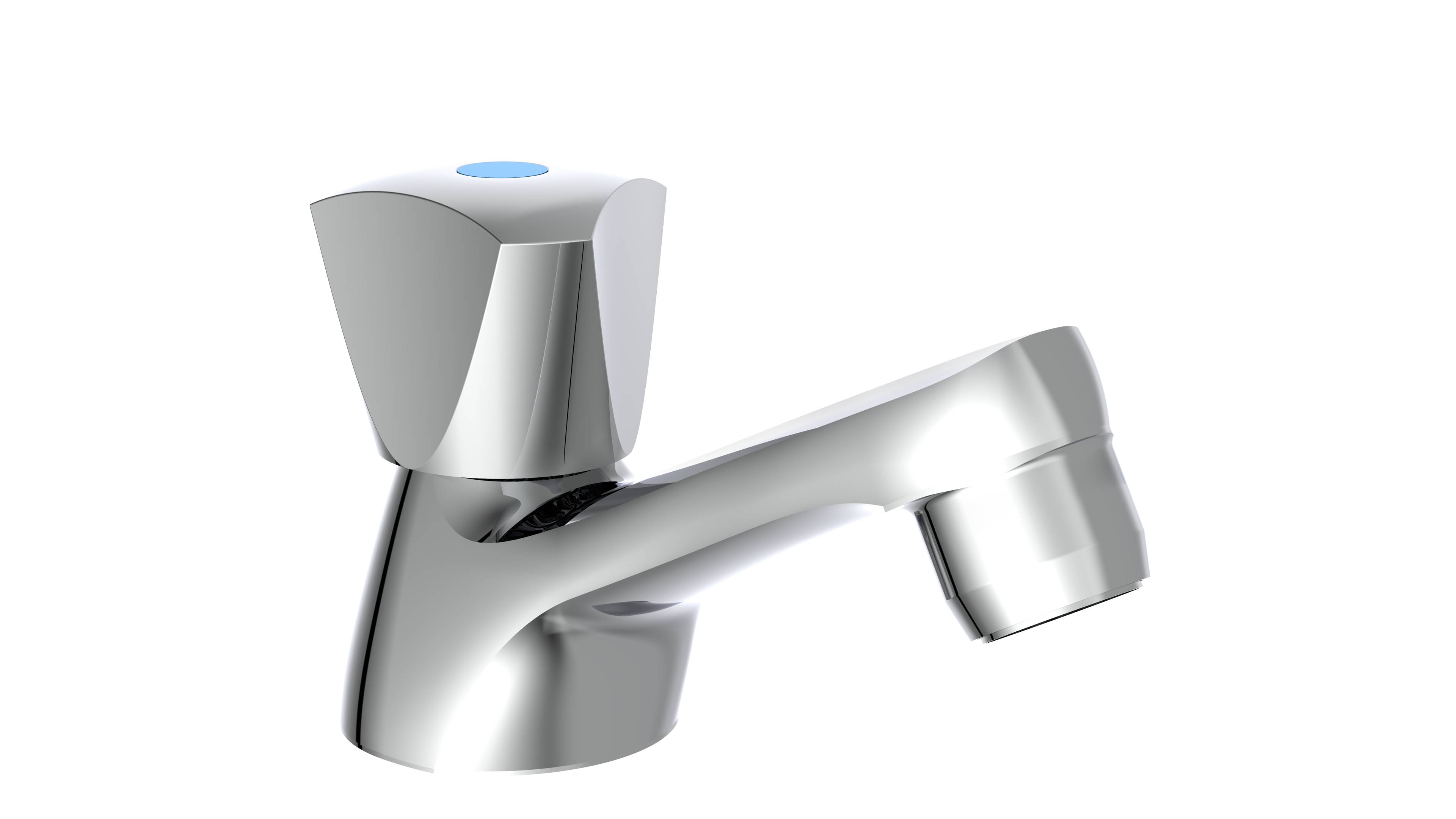 Ein glänzender silberner Badezimmerhahn mit modernem Design, ausgestattet mit einem einzelnen Hebel und einem blauen Indikatorpunkt oben.