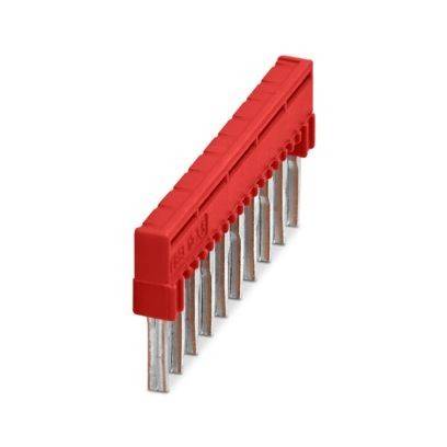 Ein rotes Elektroklemmenblöck mit parallelen Metallverbindern, wahrscheinlich für Schaltkreisverbindungen verwendet.