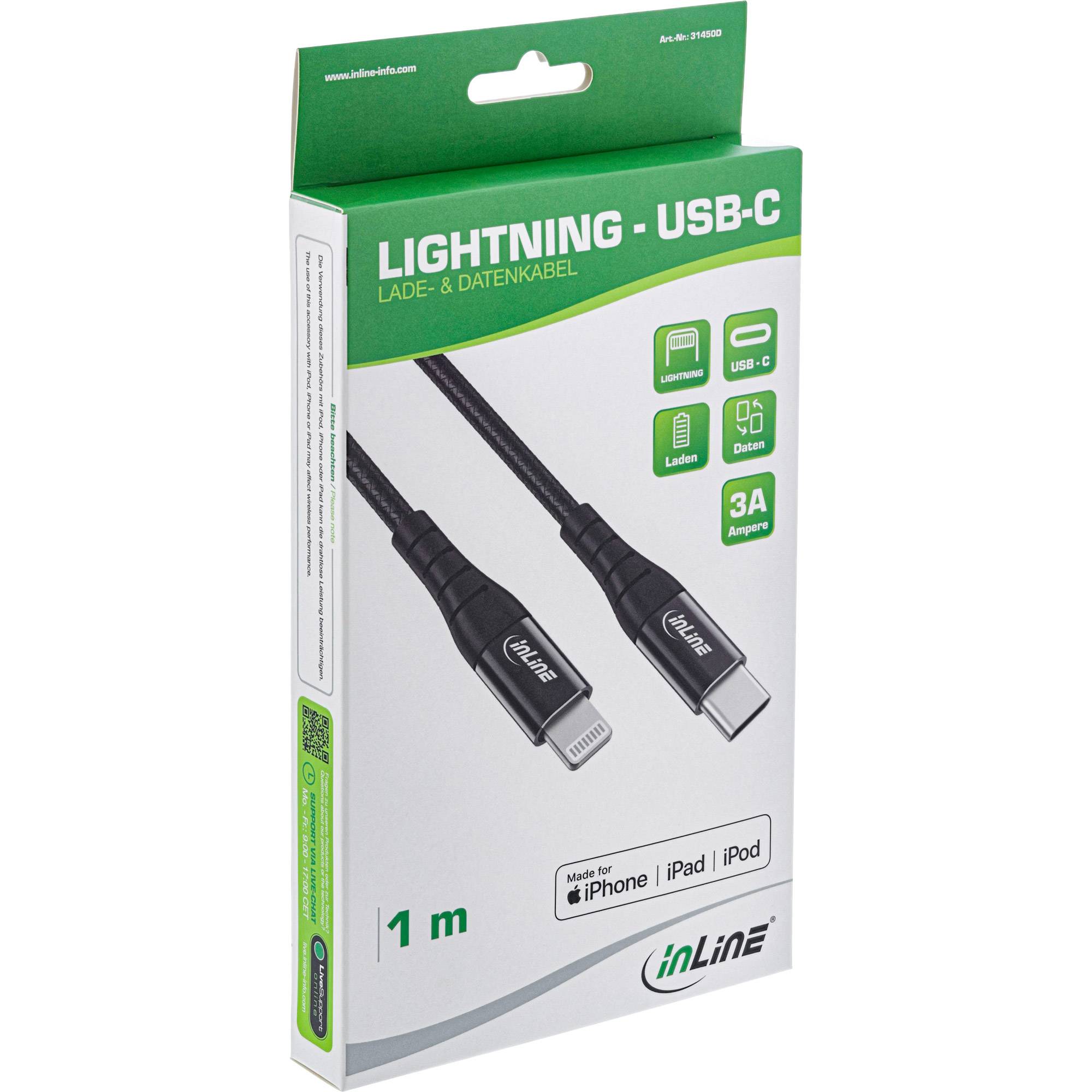 INLINE - USB-C Lightning Kabel - für iPad - iPhone - iPod - schwarz/Alu - 2m MFi
