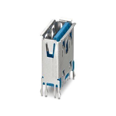 Eine Metall- und blaukomponente aus elektronischen Bauteilen, wahrscheinlich ein Stecker oder eine Buchse, mit mehreren Stiften an der Basis, die in elektronischen Baugruppen verwendet wird.