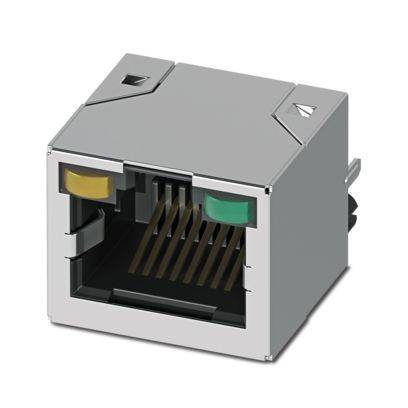 Ein Nahaufnahmebild eines RJ45-Ethernet-Anschlusses, das sein metallisches rechteckiges Design und die internen Goldkontakte zeigt.