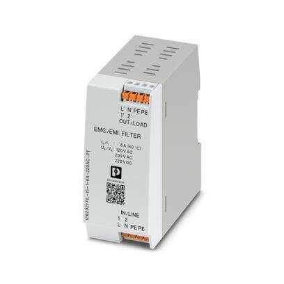 Rechteckiges EMV/EMI-Filtergerät mit beschrifteten Anschlüssen und Spezifikationen für 8A, 230VAC auf der Vorderseite. Wird zur Reduzierung elektromagnetischer Störungen verwendet.