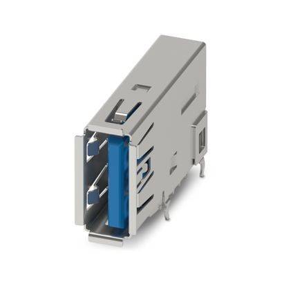 Nahaufnahme eines USB-3.0-Typ-A-Buchsensteckers mit blauem Inneren, der häufig zum Verbinden von Geräten mit Computern zur Datenübertragung verwendet wird.