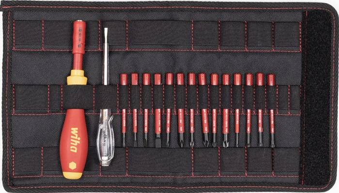 Ein ordentlich organisiertes Werkzeugset, das verschiedene Schraubenzieherbits, einen Griff und ein Werkzeug mit transparentem Griff enthält, alles in einem schwarzen Koffer gesichert.