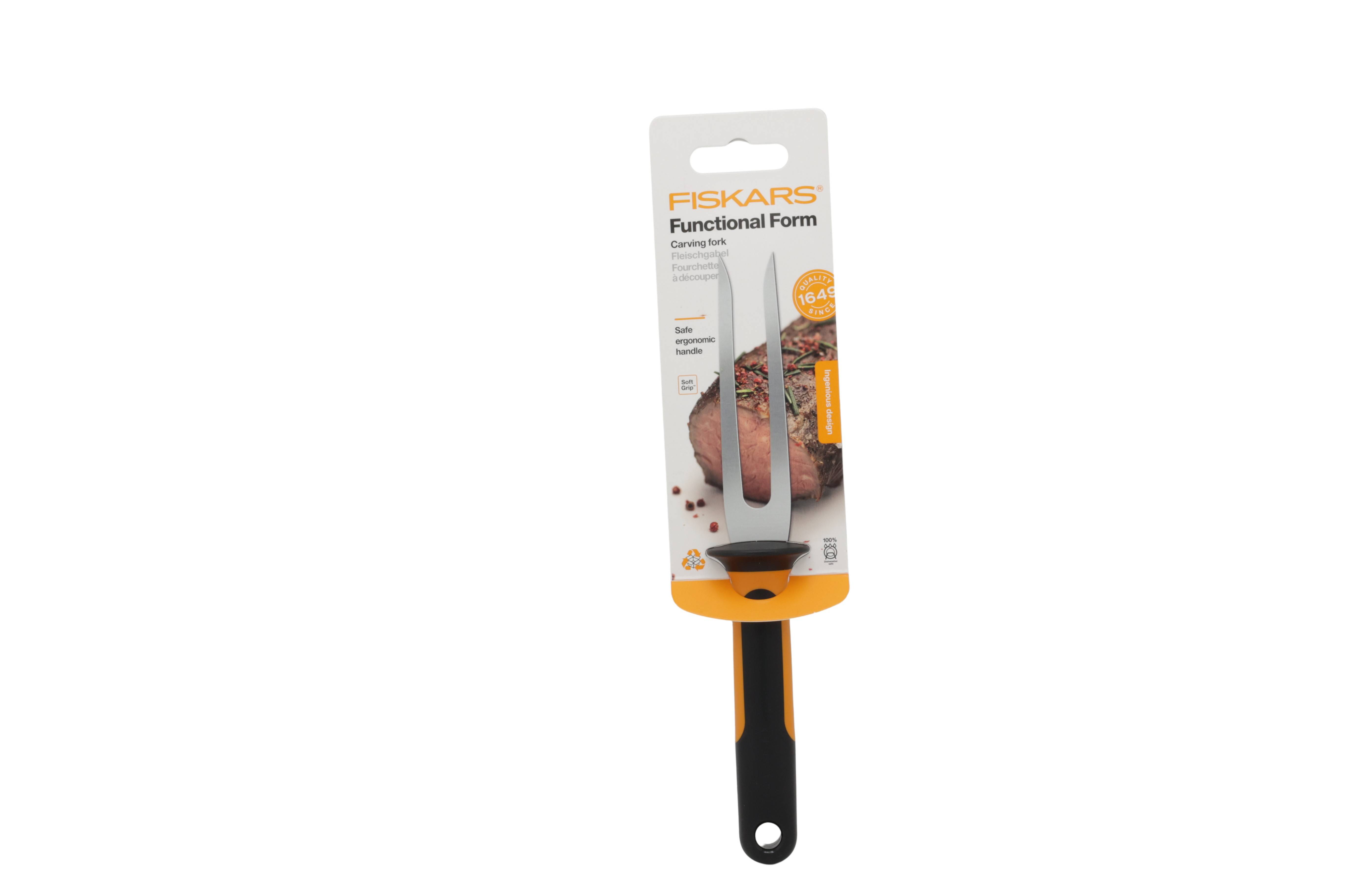 Fiskars Funktionsform Küchenwerkzeug mit schwarzem Griff und verpacktem Etikett, vor weißem Hintergrund dargestellt.