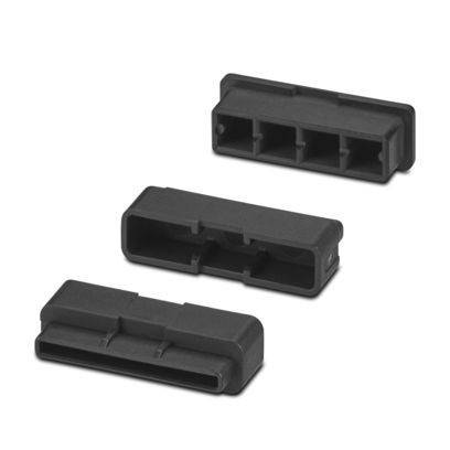 Drei schwarze rechteckige elektronische Stecker, vertikal angeordnet. Jeder Stecker hat eine unterschiedliche Anzahl von Steckplätzen und Anschlüssen.
