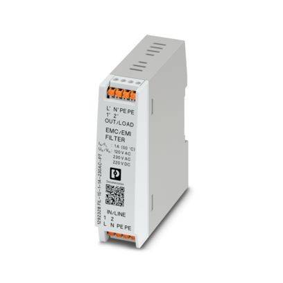 Ein weißes, rechteckiges EMC/EMI-Filtergerät mit gekennzeichneten Anschlüssen und Spezifikationen: '1A 165/01, 250V AC, 220V AC, 120V DC'.