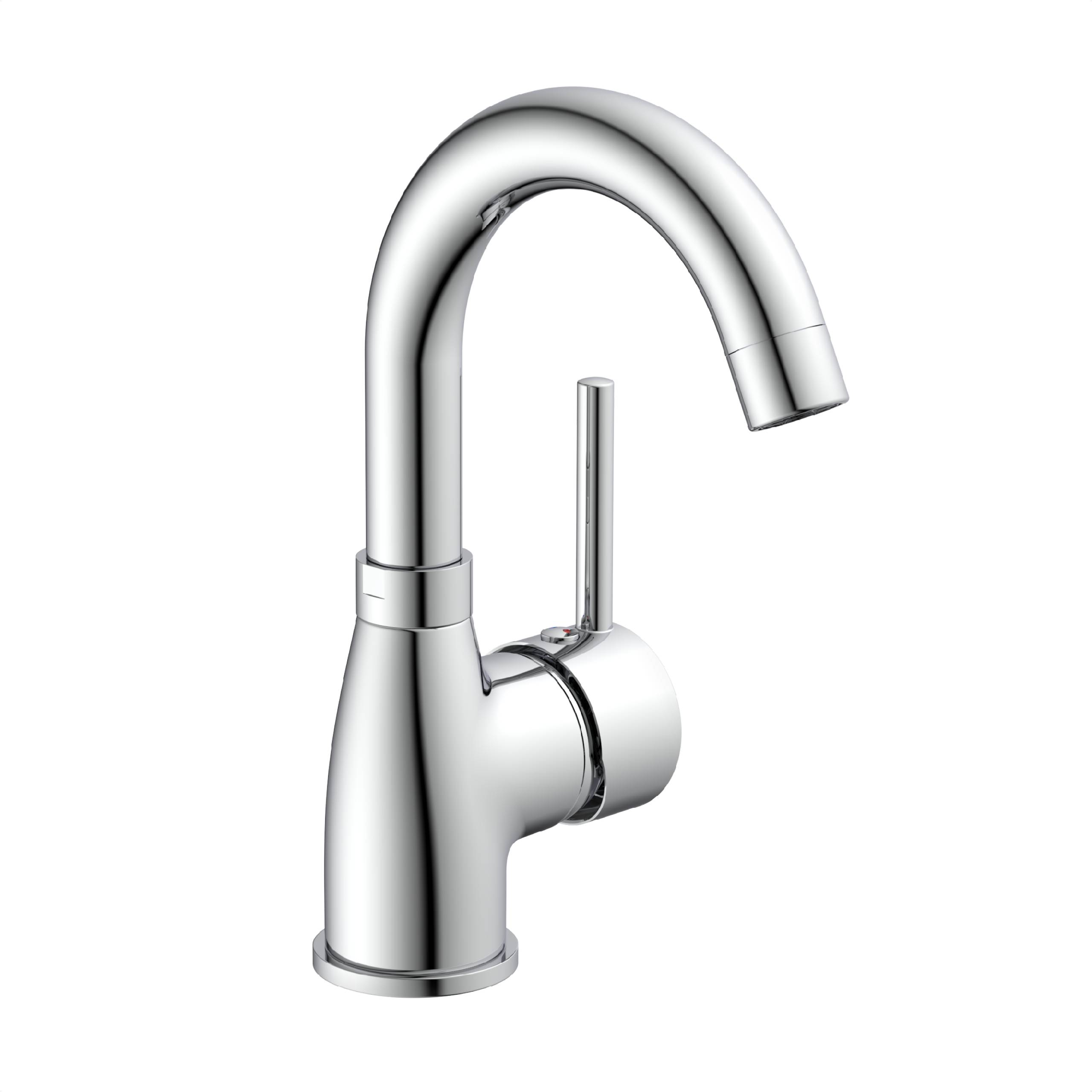 Eine moderne, elegante Chrom-Armatur mit geschwungenem Auslauf und Einhebelgriff, konzipiert für Waschtische im Badezimmer.