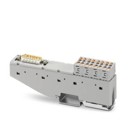 Ein grauer Industrie-Klemmblock mit mehreren Anschlussöffnungen, der für die elektrische Verdrahtung in Schaltschränken und Automatisierungssystemen verwendet wird.
