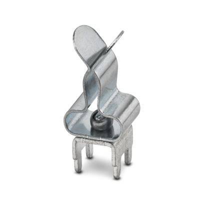 Eine kleine Metallklammer mit drei Beinen und einer gekrümmten, wellenartigen Struktur oben. Geeignet zum Halten oder Sichern von Komponenten an Ort und Stelle.