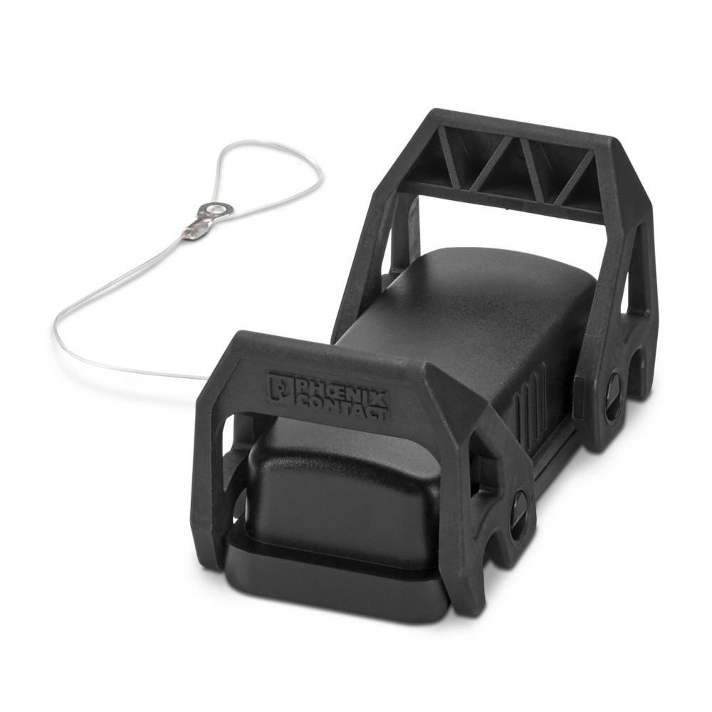 Eine schwarze Plastikfalle für Ratten mit rechteckiger Bauform, zu sehen mit einer angebrachten Metallfangleine.