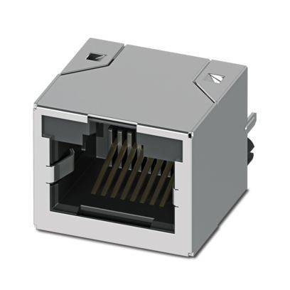 Eine leere RJ45-Netzwerk-Modularbuche in einem quadratischen Metallgehäuse, das acht interne Anschlüsse zeigt, typischerweise für Ethernet-Kabel verwendet.
